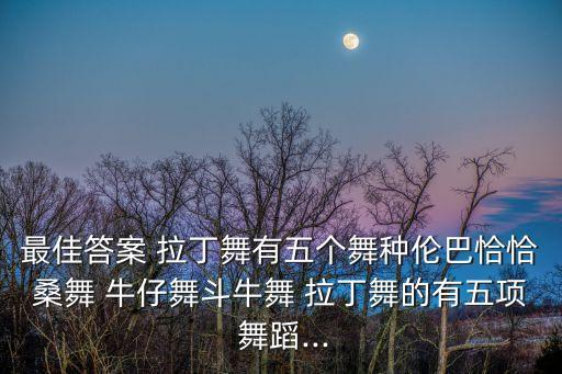 最佳答案 拉丁舞有五个舞种伦巴恰恰桑舞 牛仔舞斗牛舞 拉丁舞的有五项 舞蹈...