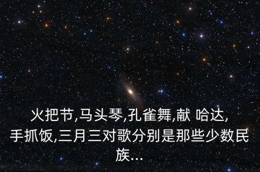 火把节,马头琴,孔雀舞,献 哈达,手抓饭,三月三对歌分别是那些少数民族...